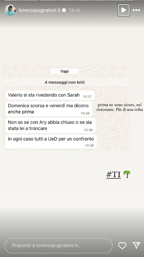 Temptation Island, nuove segnalazioni su Sarah, Valerio e la single Ary: “Ary con un altro ragazzo, Valerio si sta rivedendo con Sarah” Temptation Island, nuove segnalazioni su Sarah, Valerio e la single Ary: “Ary con un altro ragazzo, Valerio si sta rivedendo con Sarah”