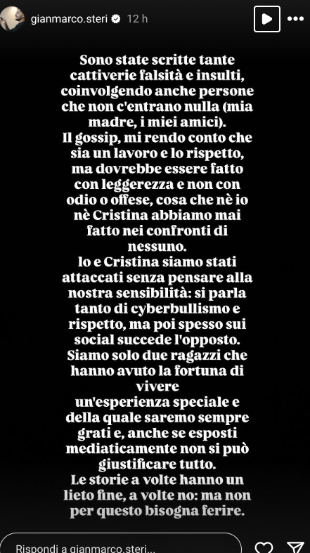 Uomini e Donne, Gianmarco Steri e Cristina Ferrara si sono lasciati: la conferma di lui sui social!