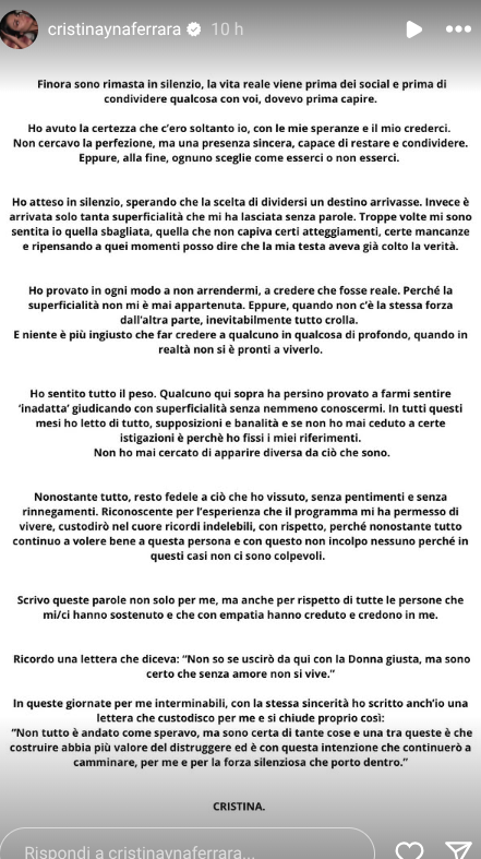 Uomini e Donne, Cristina Ferrara sbotta sui social post ‘annuncio rottura’ dell’ex: “Ho provato in ogni modo a non arrendermi ma lui…” Uomini e Donne, Cristina Ferrara sbotta sui social post ‘annuncio rottura’ dell’ex: “Ho provato in ogni modo a non arrendermi ma lui…”